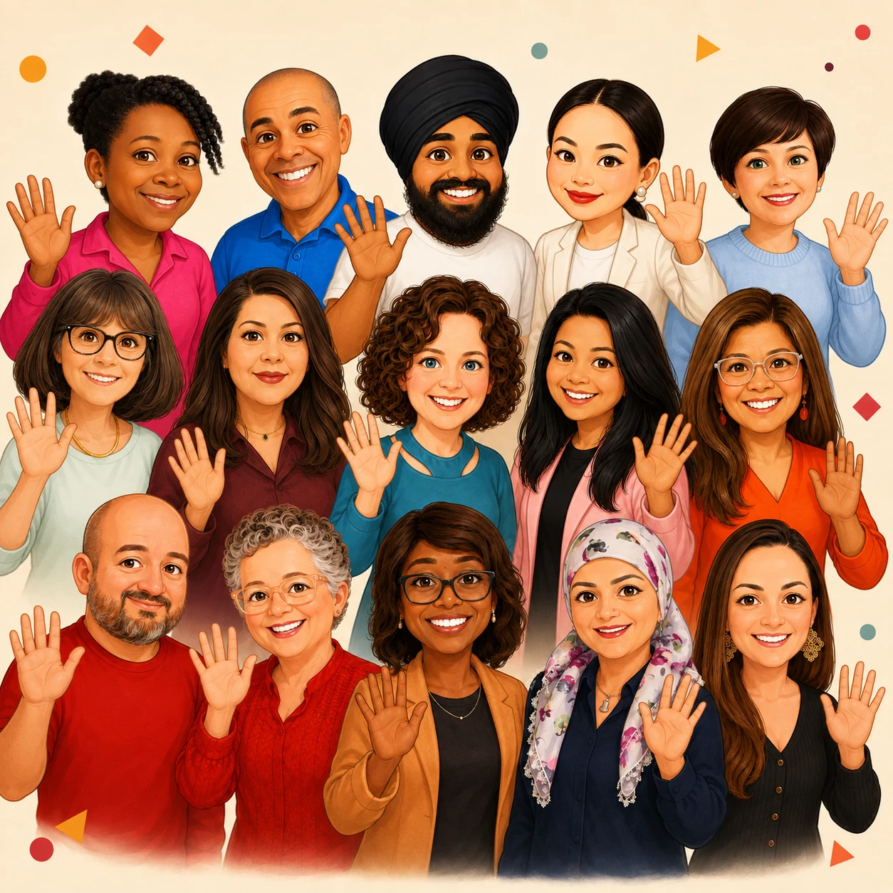Cartoon portrait of the current CISC team smiling and waving together